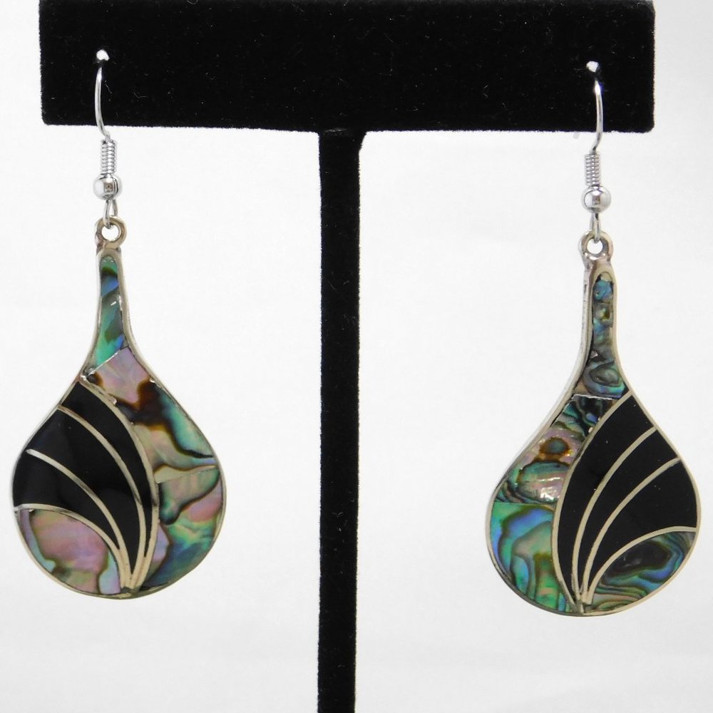 SOLD---Mexican Earrings Alpaca Silver Retro Abalone Shell Geometric Black Enamel
